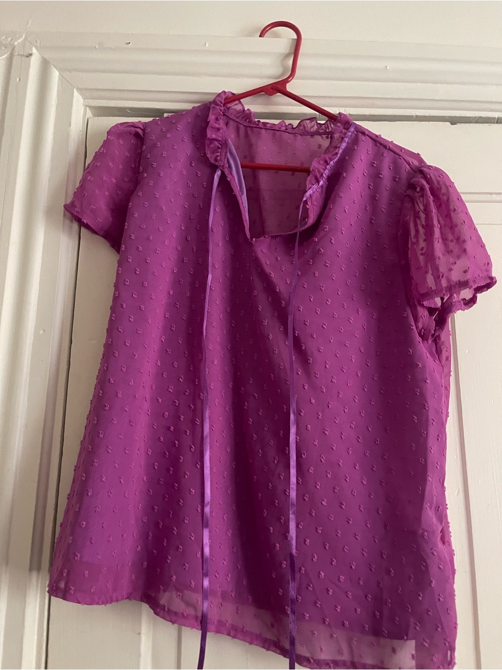 SHEIN Fuchsia Dotted Ruffle Tie-Neck Blouse